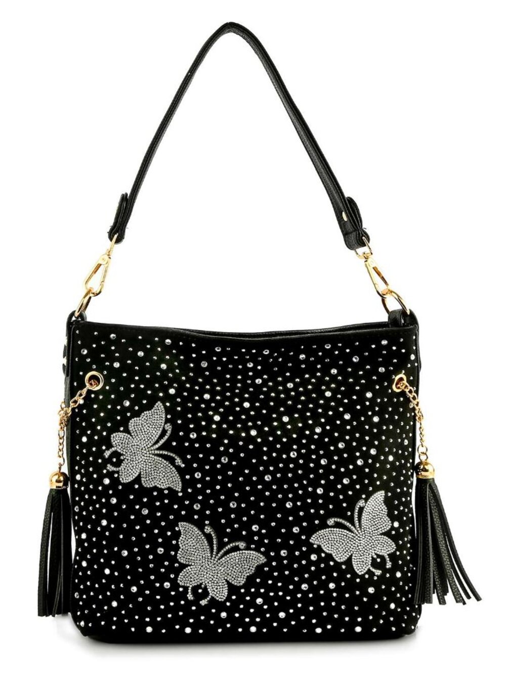 Black Rhinestone Butterfly Faux Leather Hobo Bag Crossbody